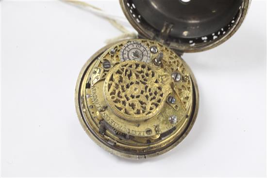 An early 18th century silver pair cased repeating verge pocket watch by David Lestourgeon, London,